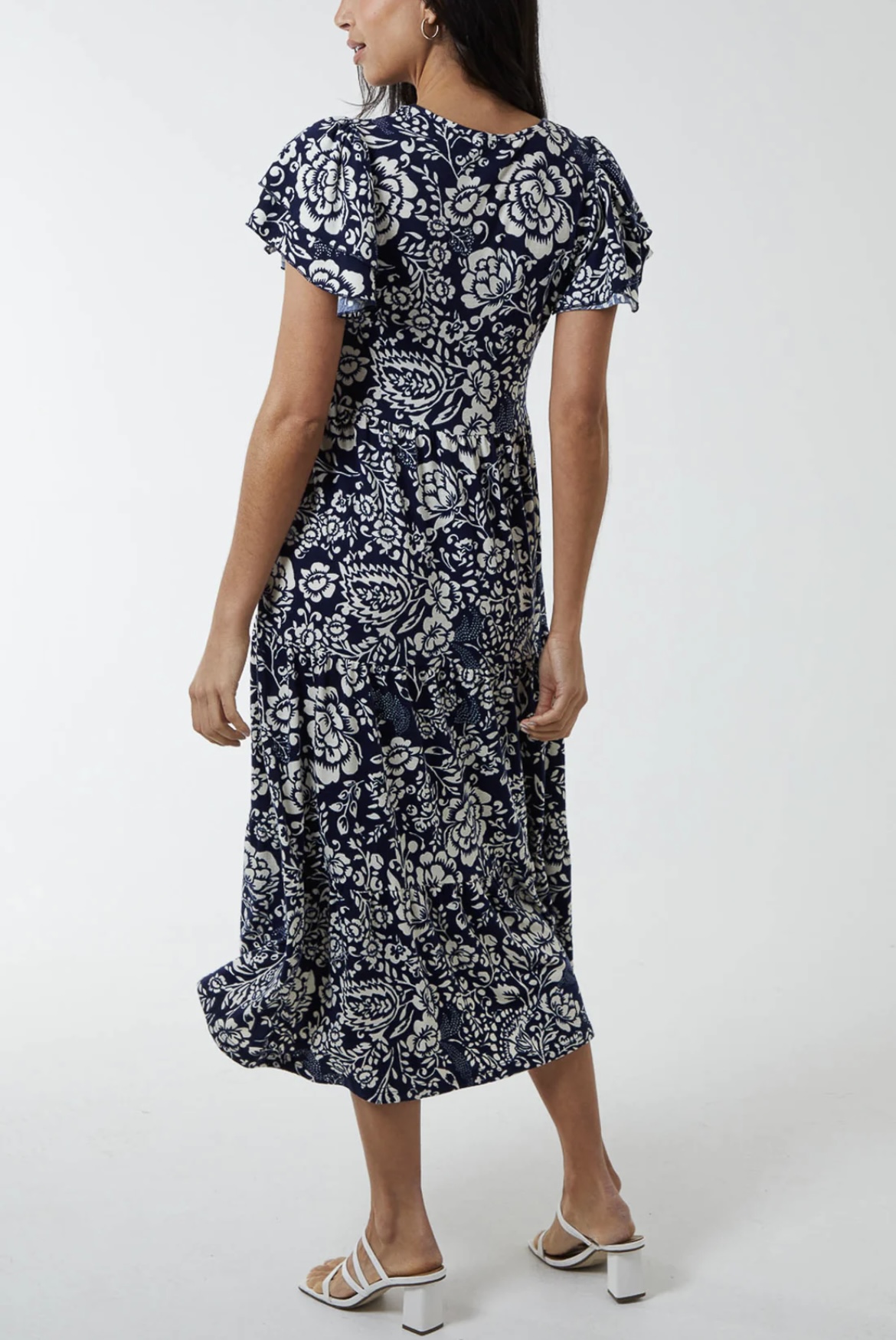 Baroque Floral Ruffle Sleeve Midi Dress – Navy/White