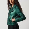 Metallic Faux Leather Biker Jacket Style 234902 - Emerald Green
