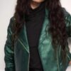 Metallic Faux Leather Biker Jacket Style 234902 - Emerald Green - Image 6